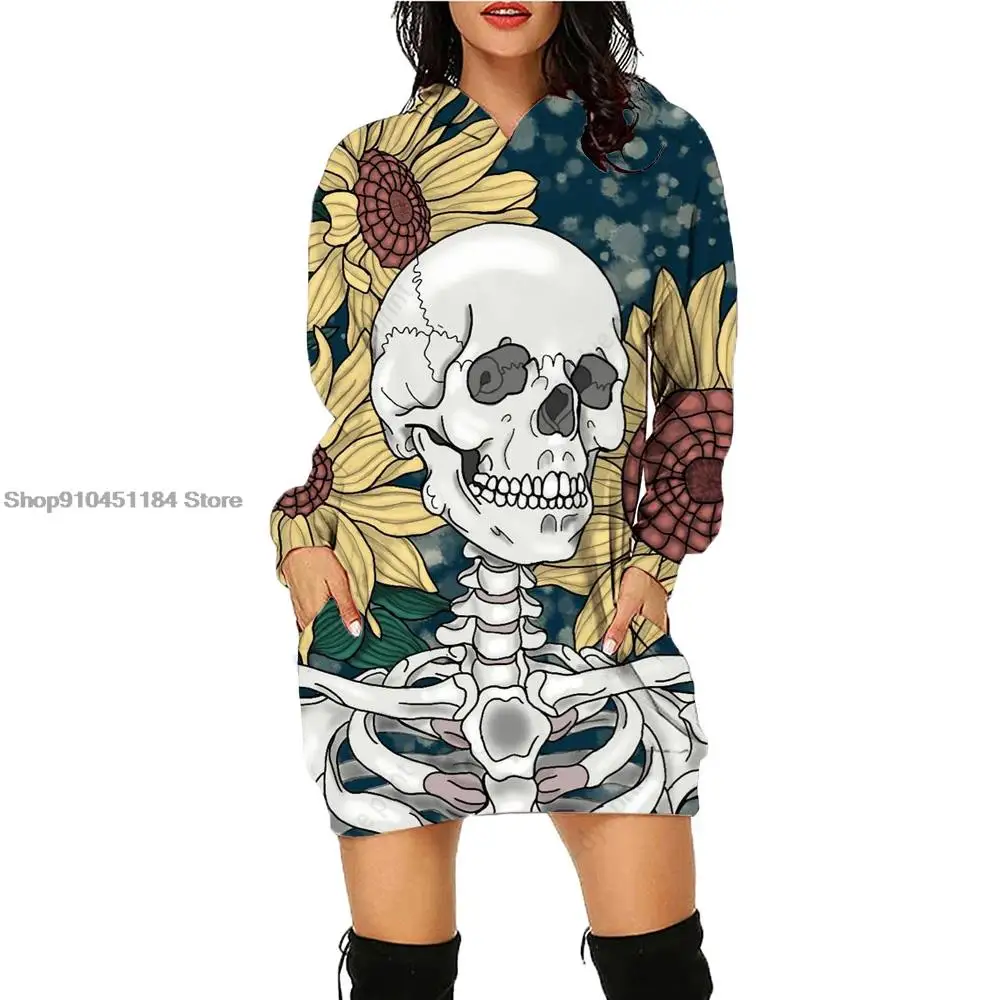 

Halloween Skull Printed Hoodie Dress Women's Daily Pocket Sweatshirt Long Sleeve Pullover Autumn Winter Loose Fashion Clothing