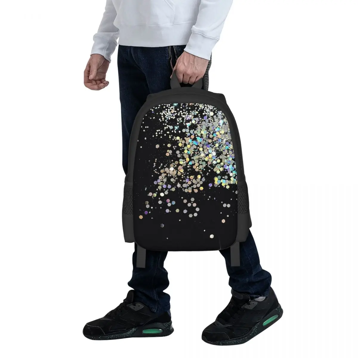 

Black And Holographic Sparkle Student Backpack School Bag Hiking Travel Daypack for Men Women Fashion Bookbag Shoulder Bags