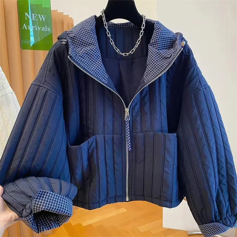Autumn Winter Short Lattice Splicing Cotton Padded Jacket Women Loose Hooded Warm All-match Parkas Female frivolous Overcoat