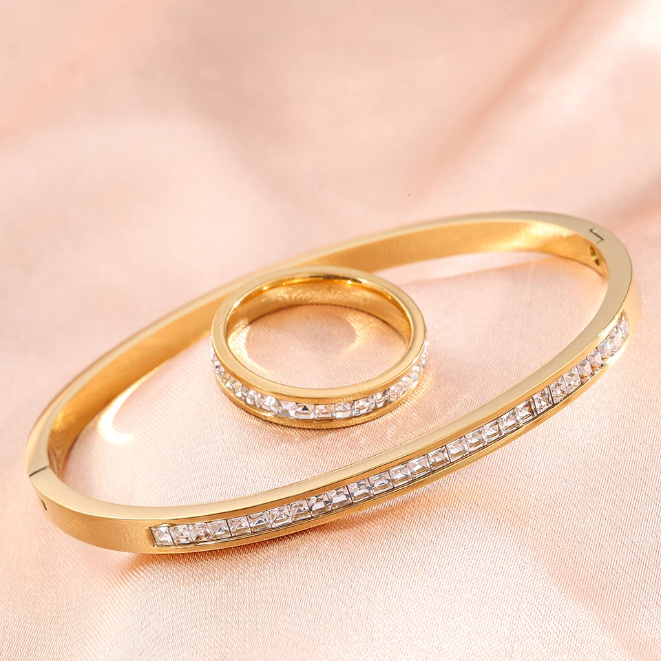 Stainless Steel Bangle Ring Set with Cubic Zirconia for Women