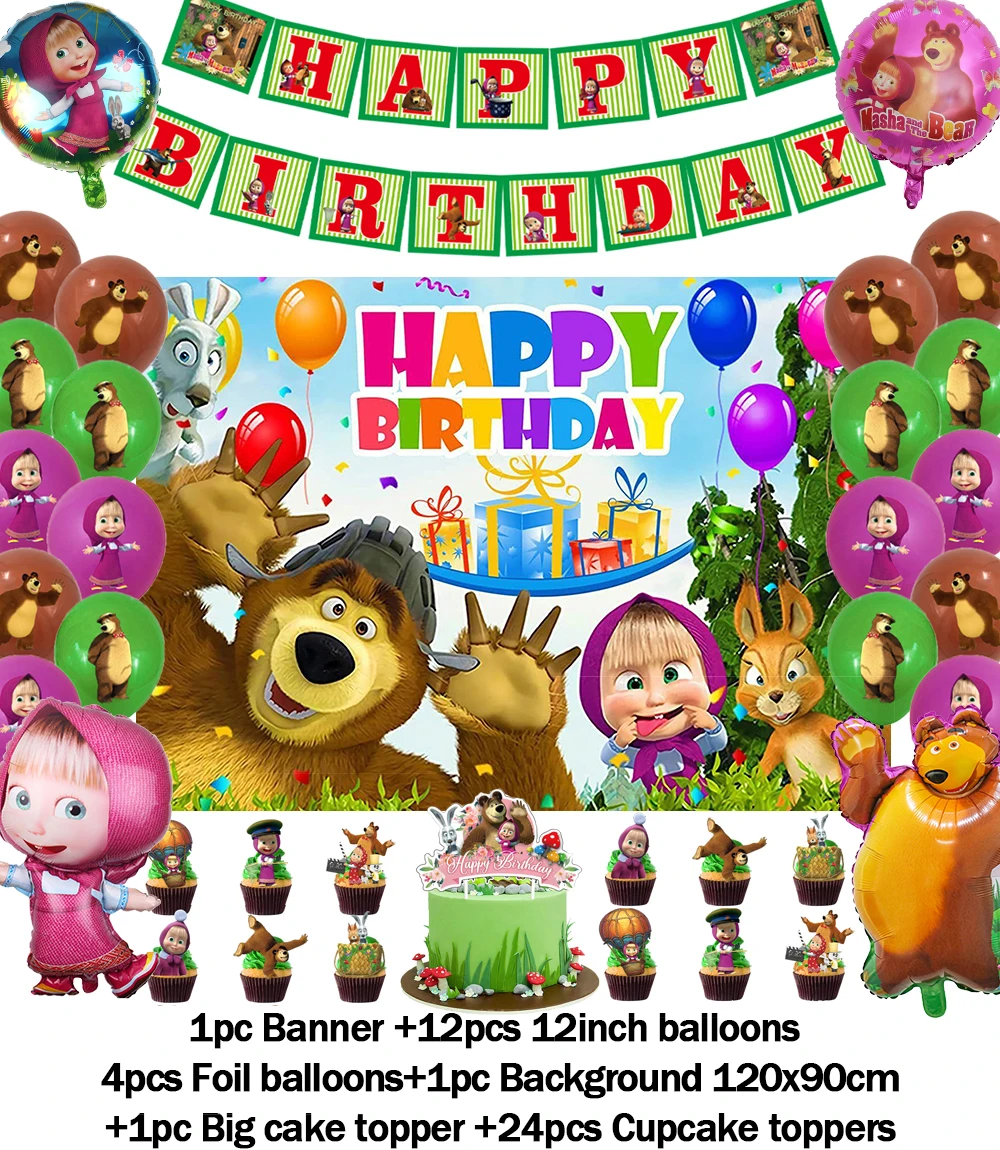 

Cartoon Mashaes &and Bear Birthday Party Supplies Balloon Cake Topper Background Baby Shower Banner Photo Studio Decor Gifts