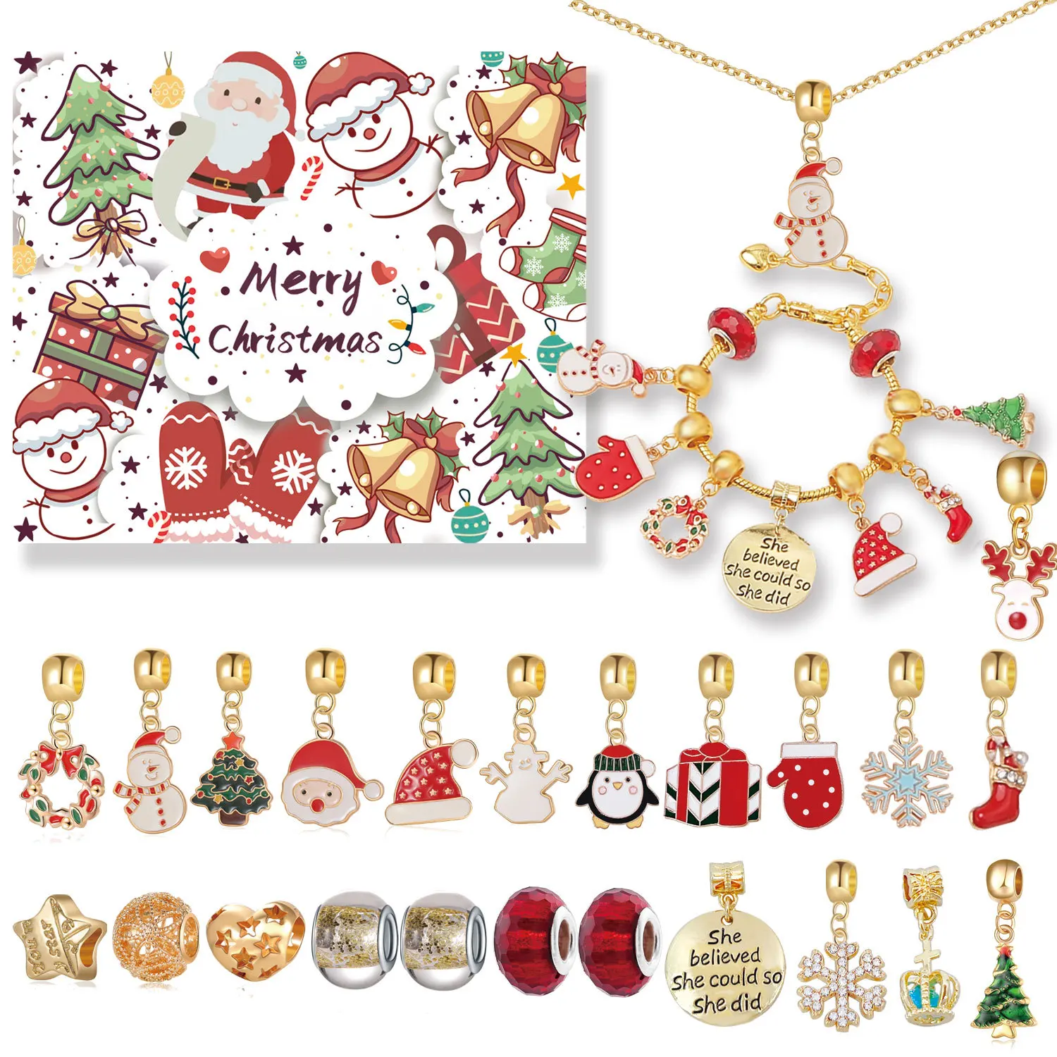 25Pcs/Set Fashion Creative Colorful Santa Claus Snowman Golden Pendant Diy Beaded Bracelet For Women Niche Christmas Party Gifts