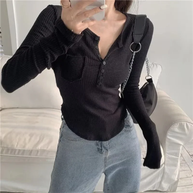 أنيقة طويلة الأكمام فريدة من نوعها عارضة تي شيرت أوائل الخريف حار الفتيات جديد سليم الأعلى الإناث الحلو متماسكة كل مباراة كوريا القمصان #4