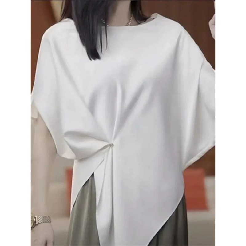 Summer Europe and America Fashion Short Sleeve Irregular Slash Neck Temperament Women\'s Clothing Batwing Sleeve Loose Blouse