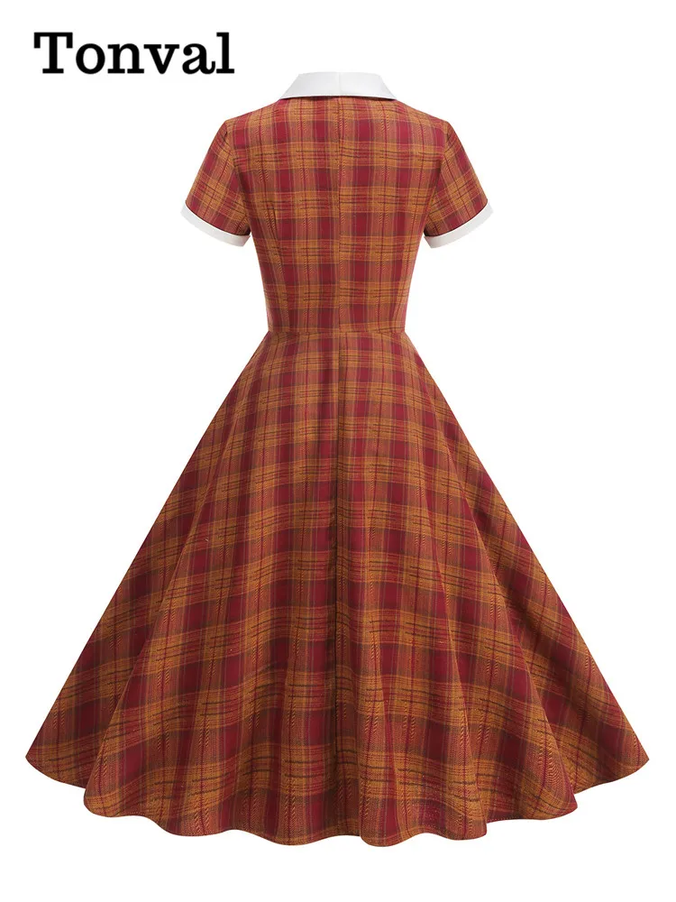 Tonval Schalkragen, Knöpfe vorne, kariert, Rockabilly, lange Kleider, 2025, Herbst-Winter, Taschen, seitlich, elegantes Damen-Swing-Kleid