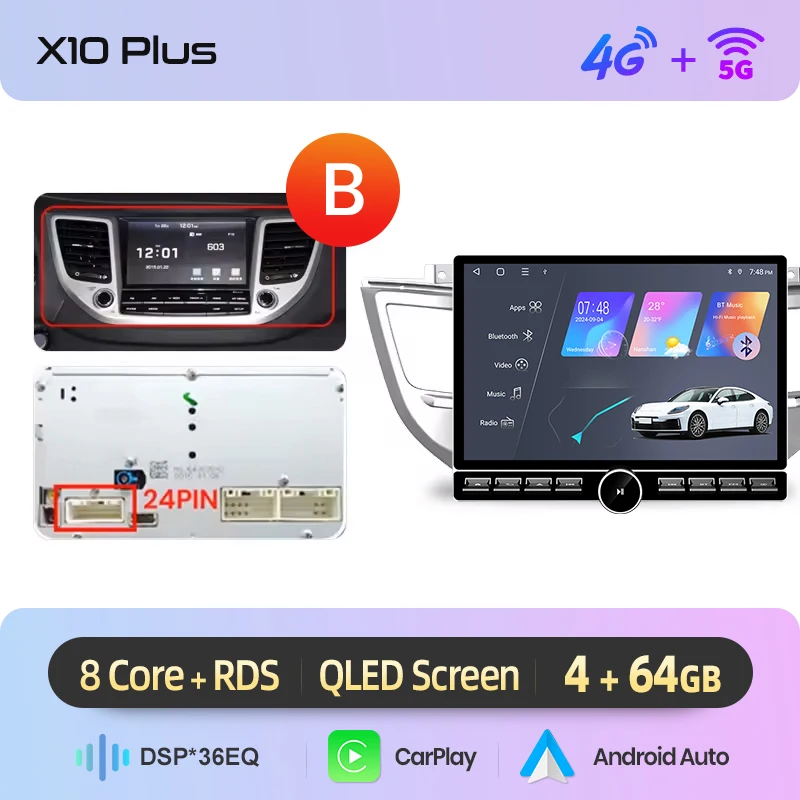 Junsun 13.1″ QLED draadloze CarPlay Android Auto autoradio voor Hyundai Tucson 3 2015-2018 Intelligente systemen DSP SWC RDS GPS FM