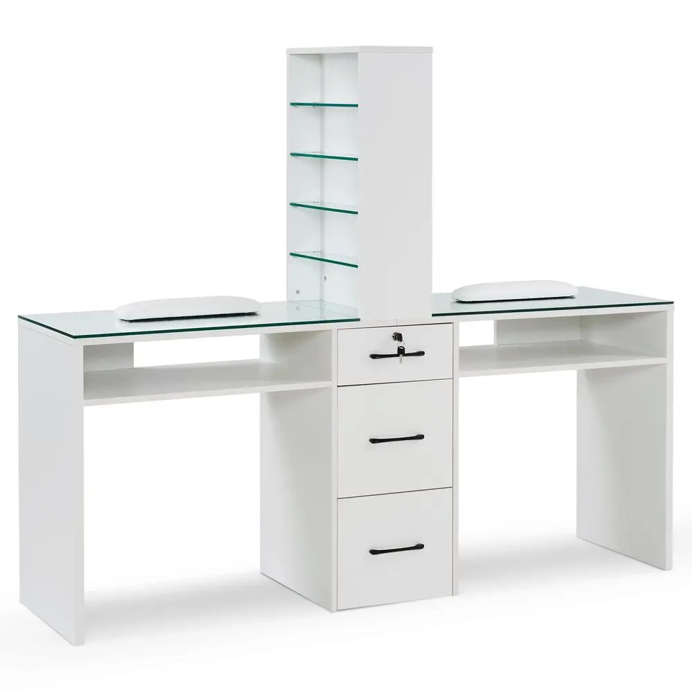 

Double Manicure Table for Storage, Beauty Nail Desk with Glass, Modern Nail Salon Makeup Station, Functional Manicure Workstati