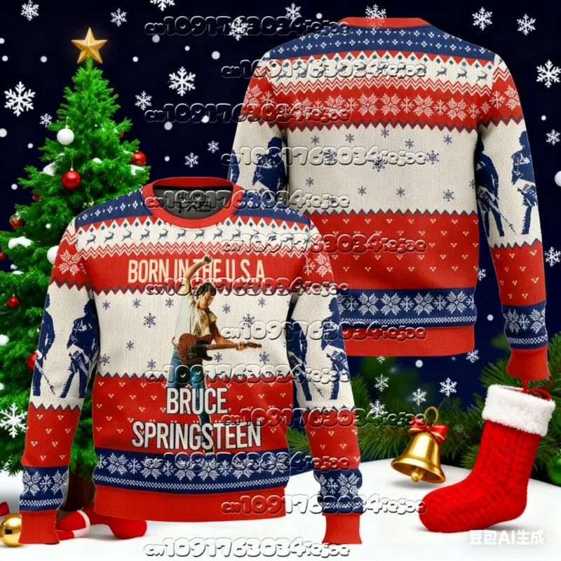 ブルース・スプリングスティーン クリスマスハット ギタリスト 長袖 アメリカンロック クリスマス衣装 お祭りムード ラウンドネック プルオーバー トップス