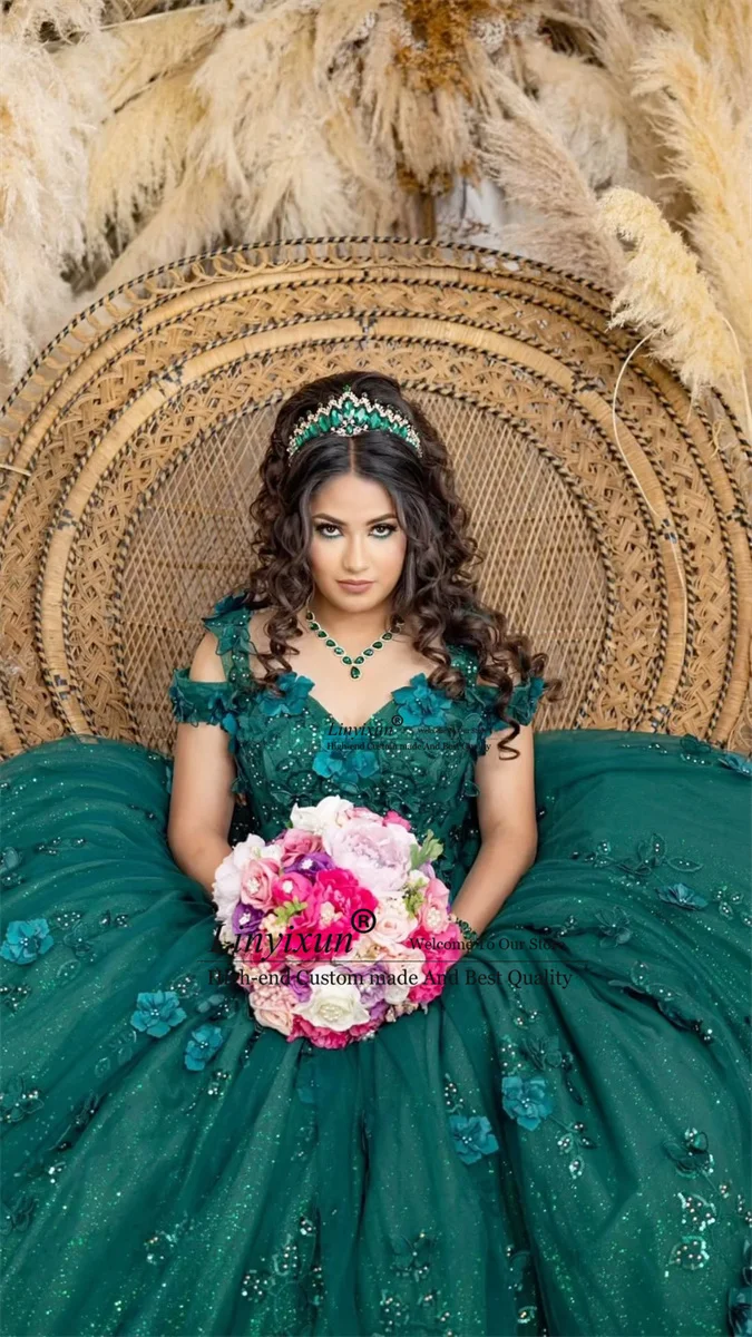 Elegant Mexican Emerald Green Quinceanera Dress Ball Gown Gold Lace Applique Beaded Corset Sweet 16 Vestidos De XV 15 Anos