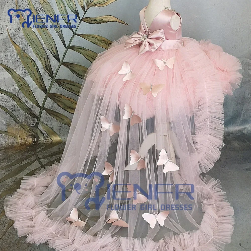 Pink Baby Girl Dress com trem de borboleta destacável, Birthday Party, Casamento, Ocasião especial, Flower Girl Dresses