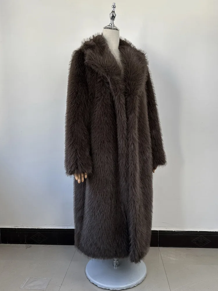 New Fashion Punk Imitation Fox Fur Environmentally Friendly Fur Winter Women's Imitation Beach Wool Long Coat Suit Collar Coats