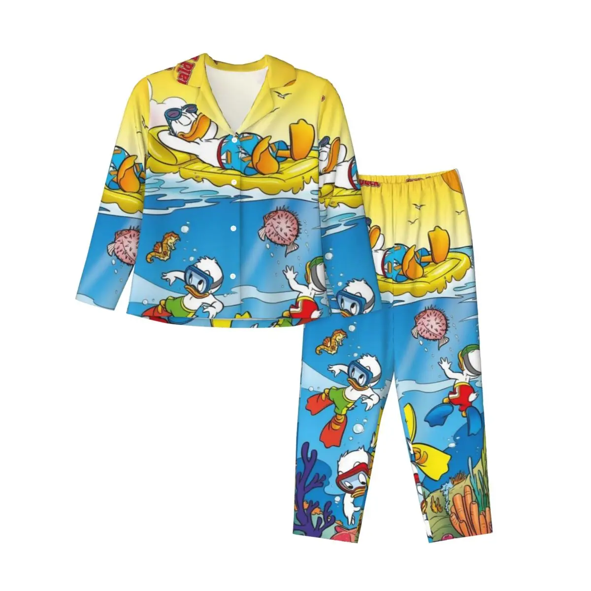 Disney Donald Duck Women's Pajamas Set Button Down Pajama 2 Piece Suit Pyjama Femme Nightwear Loungewear