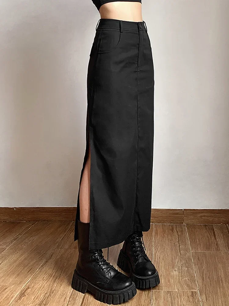 2025 New Vintage Dark Grunge Casual Split Women's Midi Skirts Retro Gothic Punk High Raise Slim Long Skirt Y2k Sexy Streetwear