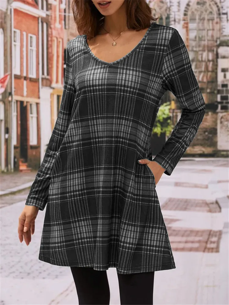 Women Dresses 2024 New Fall Winter Long Sleeve Plaid Dress Fashion Street Hipster Casual V-Neck Ladies Pockets Loose Mini Dress