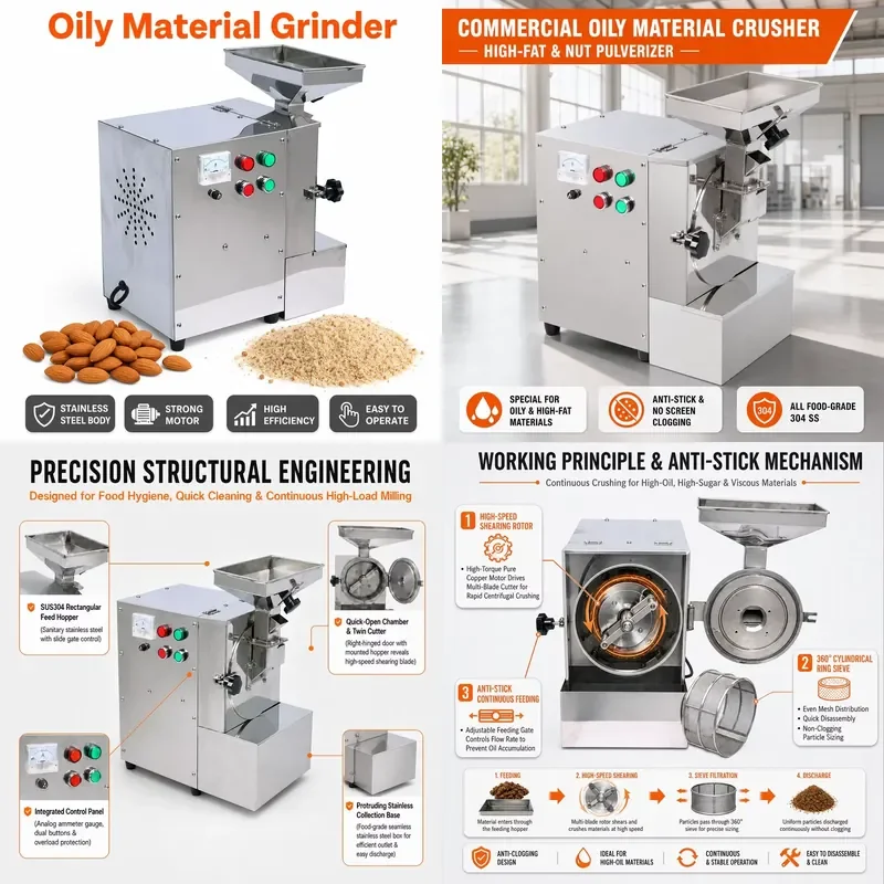 2.2kW 2900rpm Oil Material Grinder 20-80kg/h Coarse Fine Grinding Sieve Easy Cleaning for Sesame Walnuts Almonds