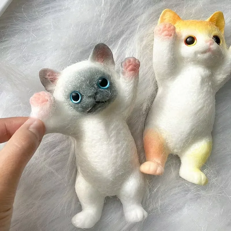 Cartoon Flocking Cat Soothing Decompression Toy Funny Cute Cat Shaped Ball Hand Squeeze Toy for Kids Adult Relaxing Finger Pinch