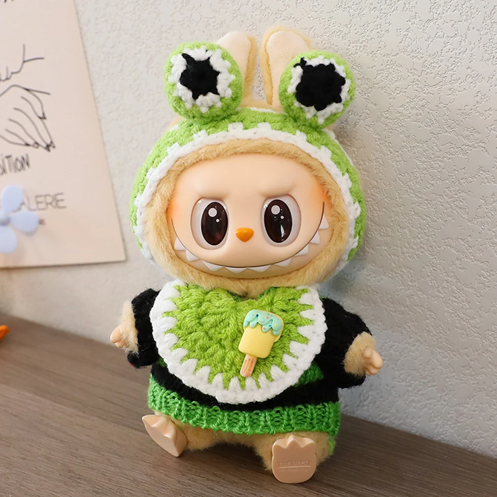 Dla Labubu Vinyl Doll Clothes Mini Kawaii Knitted Sweater with Hat Decorative Cute Plushes Doll Outfit Akcesoria (bez lalki)