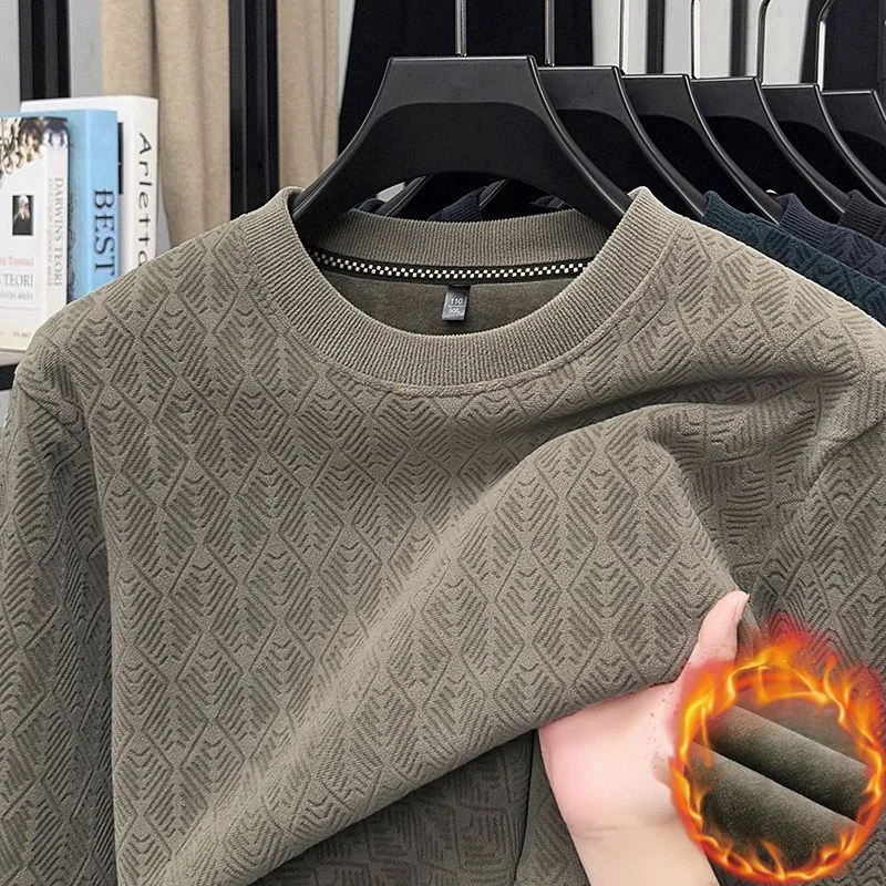 Men Fleece Lined Knit Sweatshirt Autumn Winter Crew Neck Jacquard Warm Thick Pullover Dad Style Top
