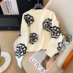 White Flower Beading Sweater Pullover Women Long Sleeve O-neck Jumpers Tops Fashion Casual Elegant Ladies Knitwear 2025