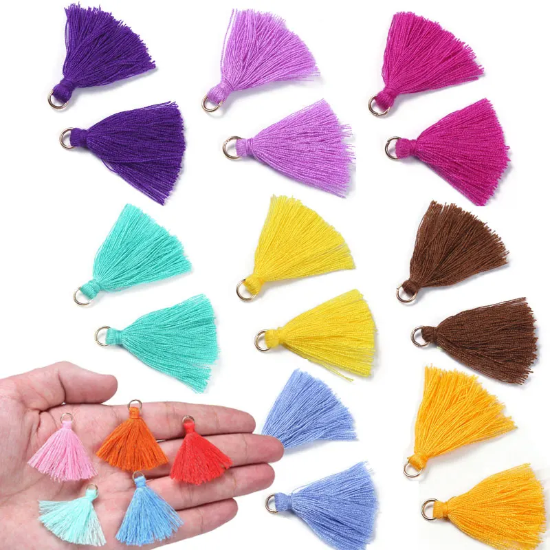 50/100 pçs 3.5cm mini metal pendurado anel borla guarnição poliéster algodão tecido borla para artesanal brinco jóias diy acessórios
