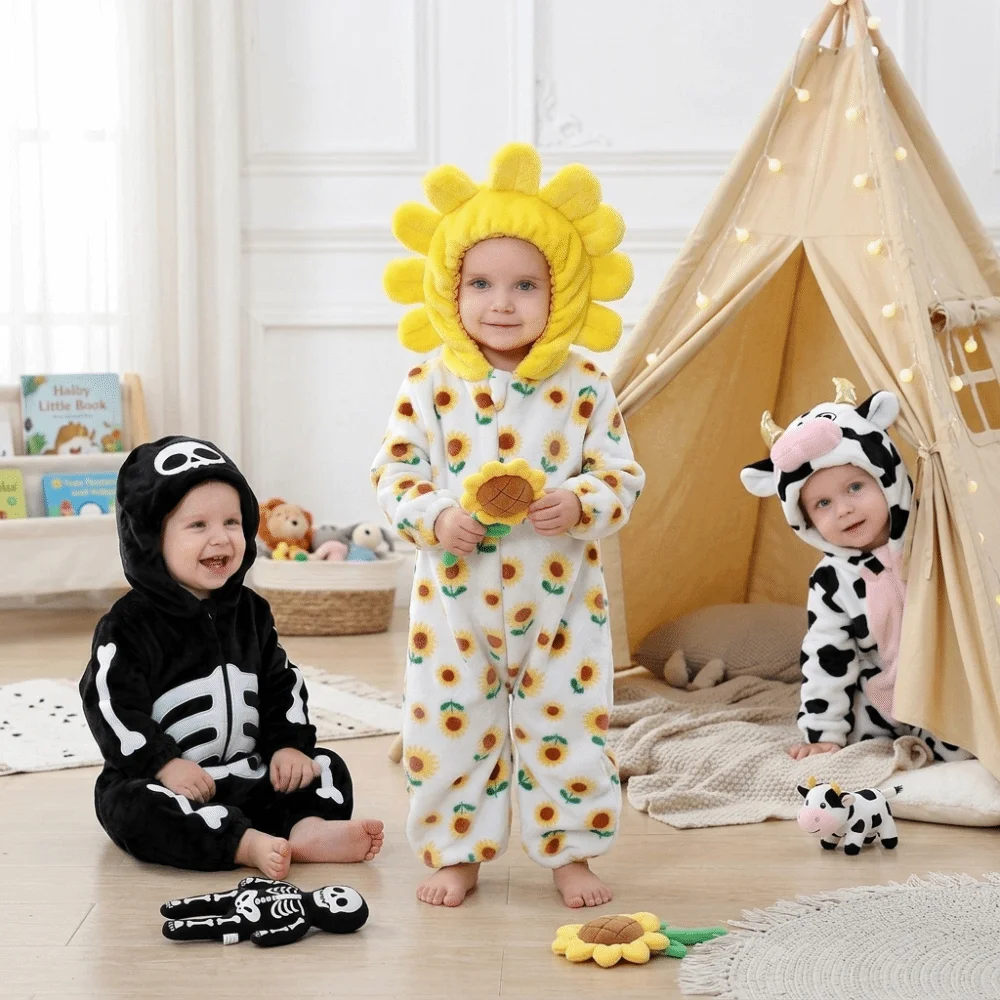 Soft Flannel Baby Hooded Romper Cartoon Animal Full-Coverage Design Toddler Costume Hooded Design Skin-Friendly Holiday Outfit