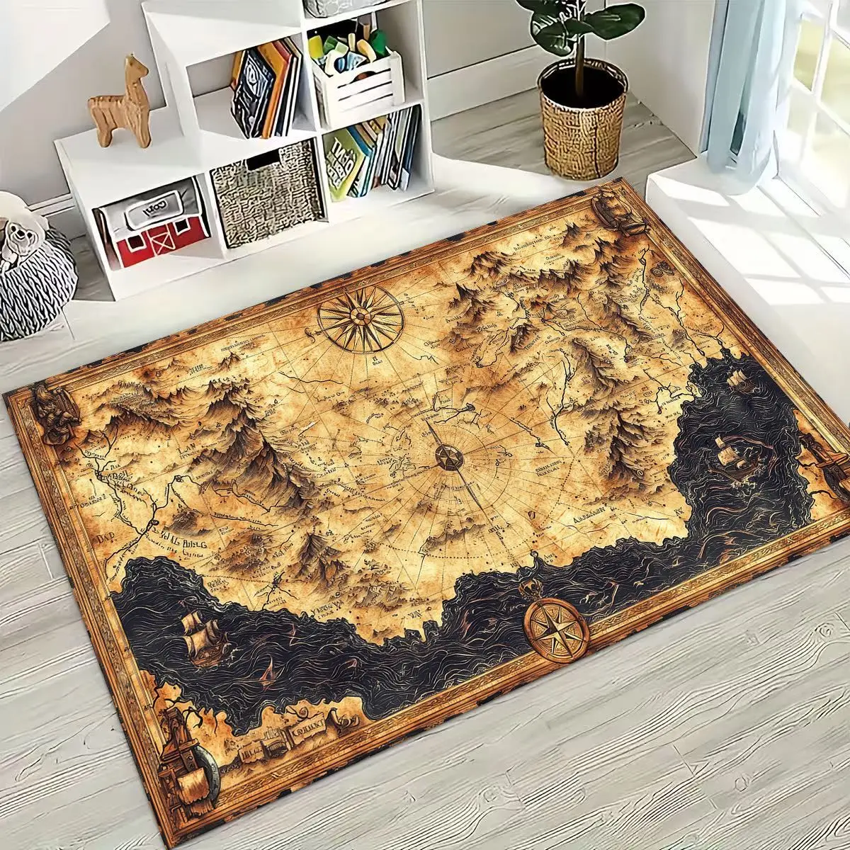 Retro Nautical Map Chart Treasure Map Compass Moto Rug Carpet for Bedroom Living Room Sofa Doormat Decor,Kid Non-slip Floor Mat