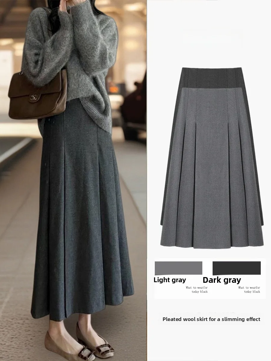 

Шерстяная юбка трапециевидной формы с глубокими глазами и высокой талией, женская осенне-зимняя новая утягивающая плиссированная юбка для колледжа