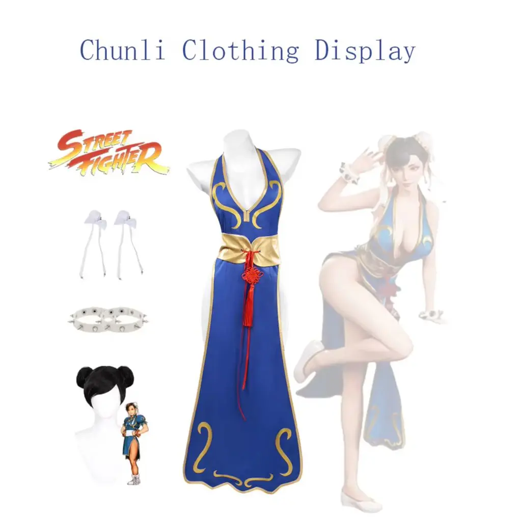 Street Fighter Chun-Li Cosplay-Kostüm für Damen, blaues Cheongsam-Kleid, komplettes Set, Halloween-Karneval-Cos-Uniform