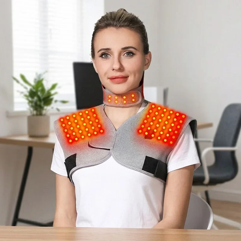 Red Light Heated Shoulder Neck Back Support 3 Gear Vibration Muscle Relaxation Relief Pain Back Massager Helpful for Sleep