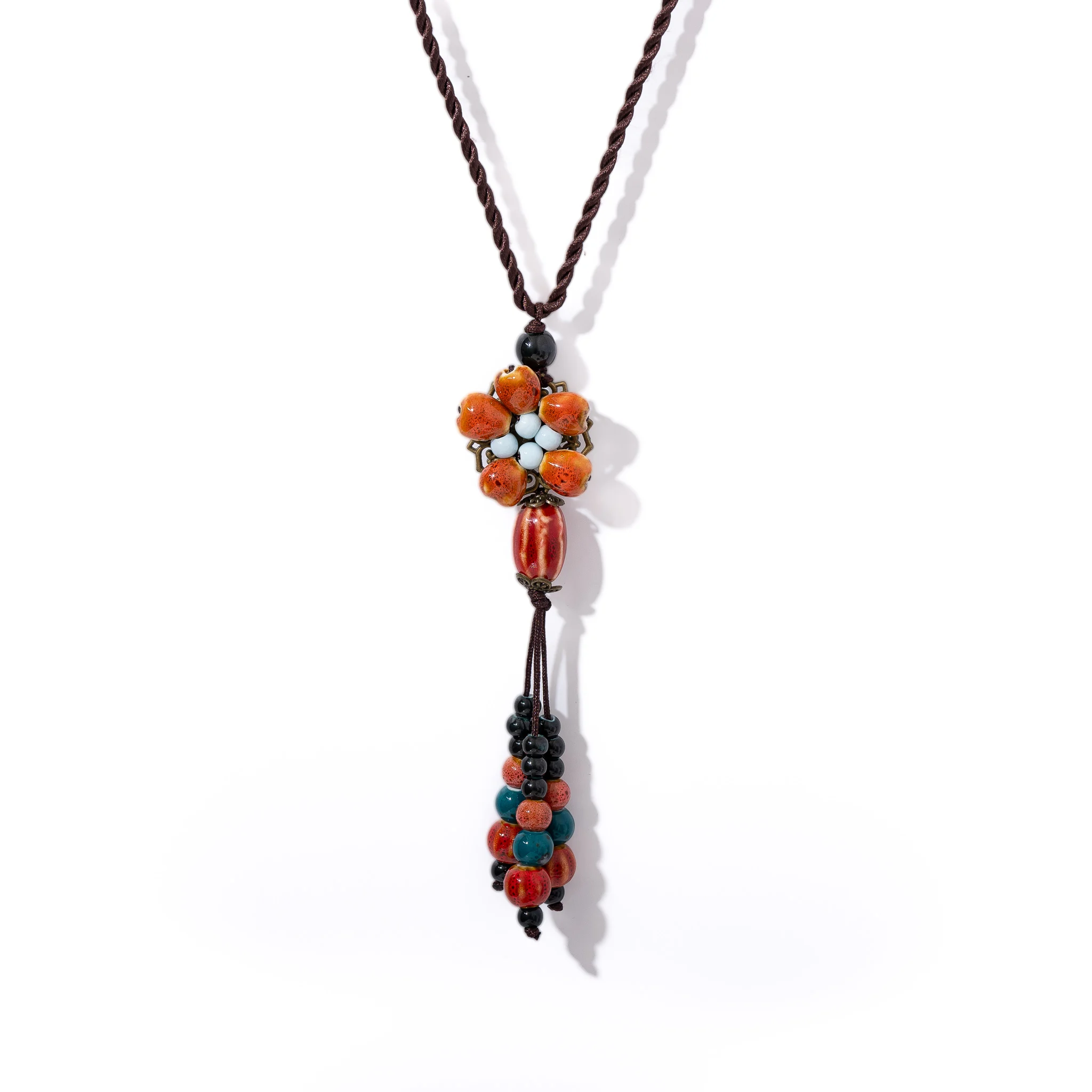 Multicolor Glazed Ceramic Bead Pendant Necklace Handmade Long Ethnic Style Vintage Jewelry for Women