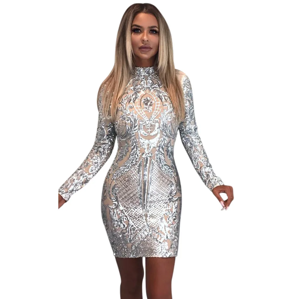 

new sexy positioning sequin long-sleeved slim-fit wrap hip dress nightclub