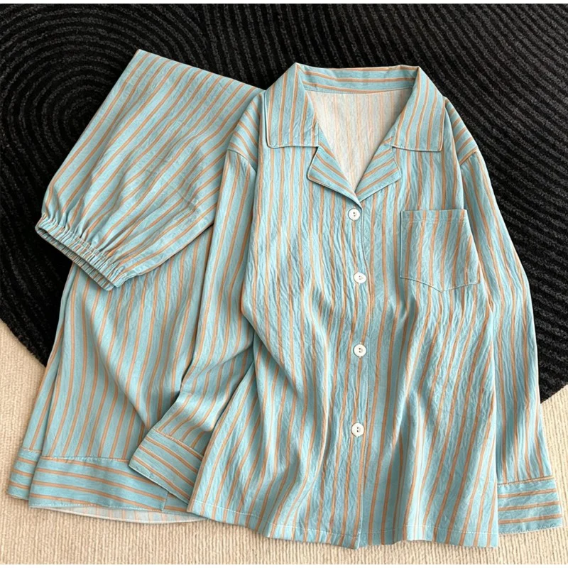 2pcs autumn winter striped simple pajamas Contrasting cloud cotton long sleeve lapel loose household clothing suit wild pajamas