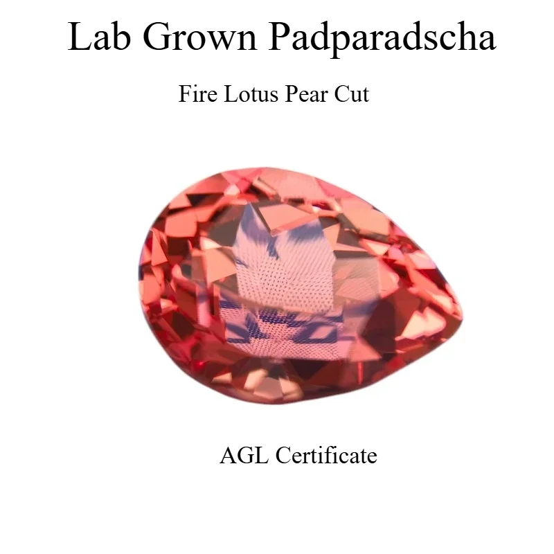 Im Labor gezüchteter Padparadscha-Feuerlotus-Edelstein im Birnenform-Schliff mit AGL-Zertifikat für die Herstellung von Ringen, Anhängern und Schmuck.