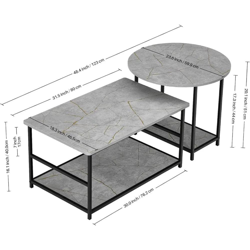 Mesas de café estilo moderno, mesa central em mármore com armazenamento, mesa destacável 2 em 1, mármore cinza, sala de estar