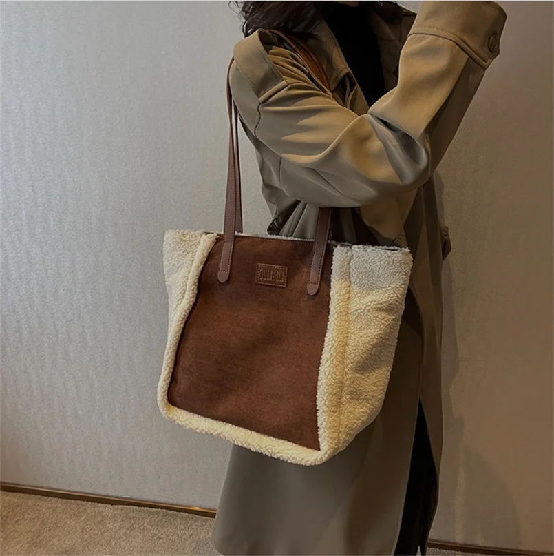 Lamb Wool Bag Shoulder Bag For Women Large Capacity Commuting Crossbody Bag Double-Sided Usable Shopping Bag Tote Bag