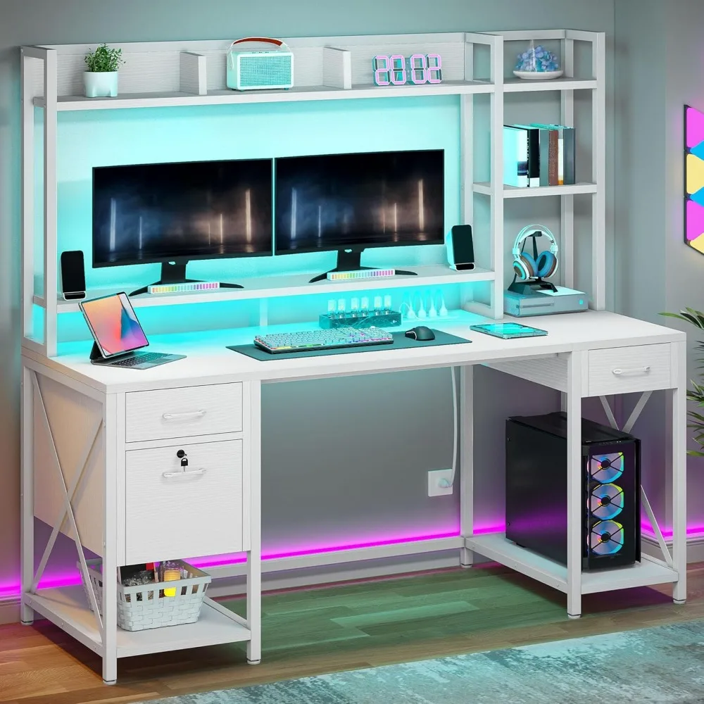 Desk with Drawers, Hutch, Power Outlets, and LED Lights for Home Office with Storage Shelves