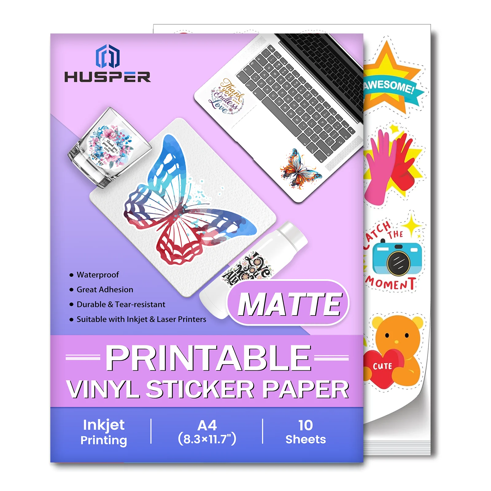 

10 Sheets A4 Size Matte White Vinyl Sticker Paper, 8.3" x 11.7" Self-Adhesive, Waterproof, Inkjet & Laser Printing Paper