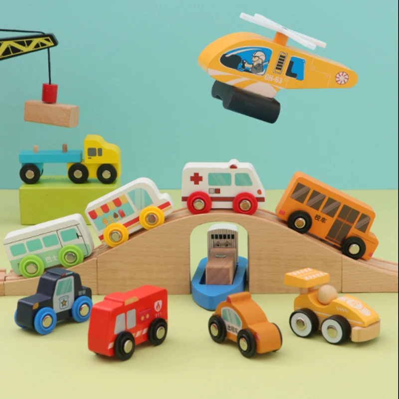Tren de madera, motor de bomberos, ambulancia, avión, pista de juguete magnética, patinete inercial de simulación, juguetes educativos para niños W09