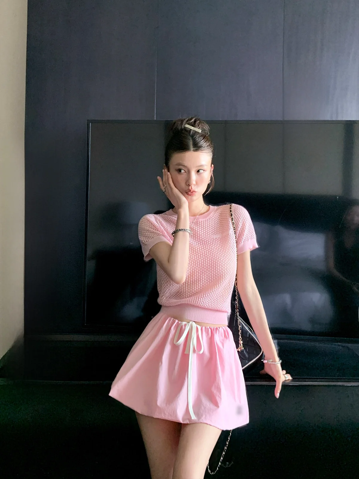 

LIONEmiu шерстяной розовый полый ор све вязаный топ с юбкой комплект моющийся летний наряд хлопковый круглый пуловер Ne