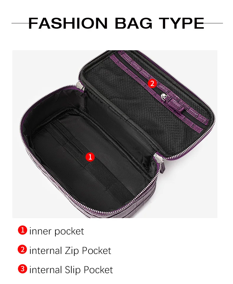 Echtes Leder Krokodilmuster Lila Kosmetiktasche für Frauen, Tragbare Reise-Toilettentasche, Hochwertige Aufbewahrungstasche aus Rindsleder – Detail 7