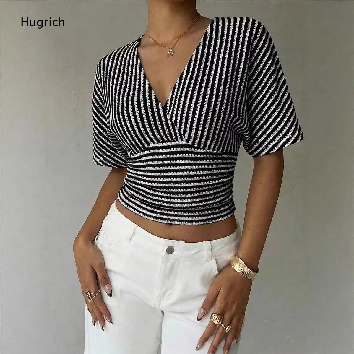 Women Striped Knit Crop Top V Neck Batwing Short Sleeve T Shirt Wrap Front Casual Summer Blouse