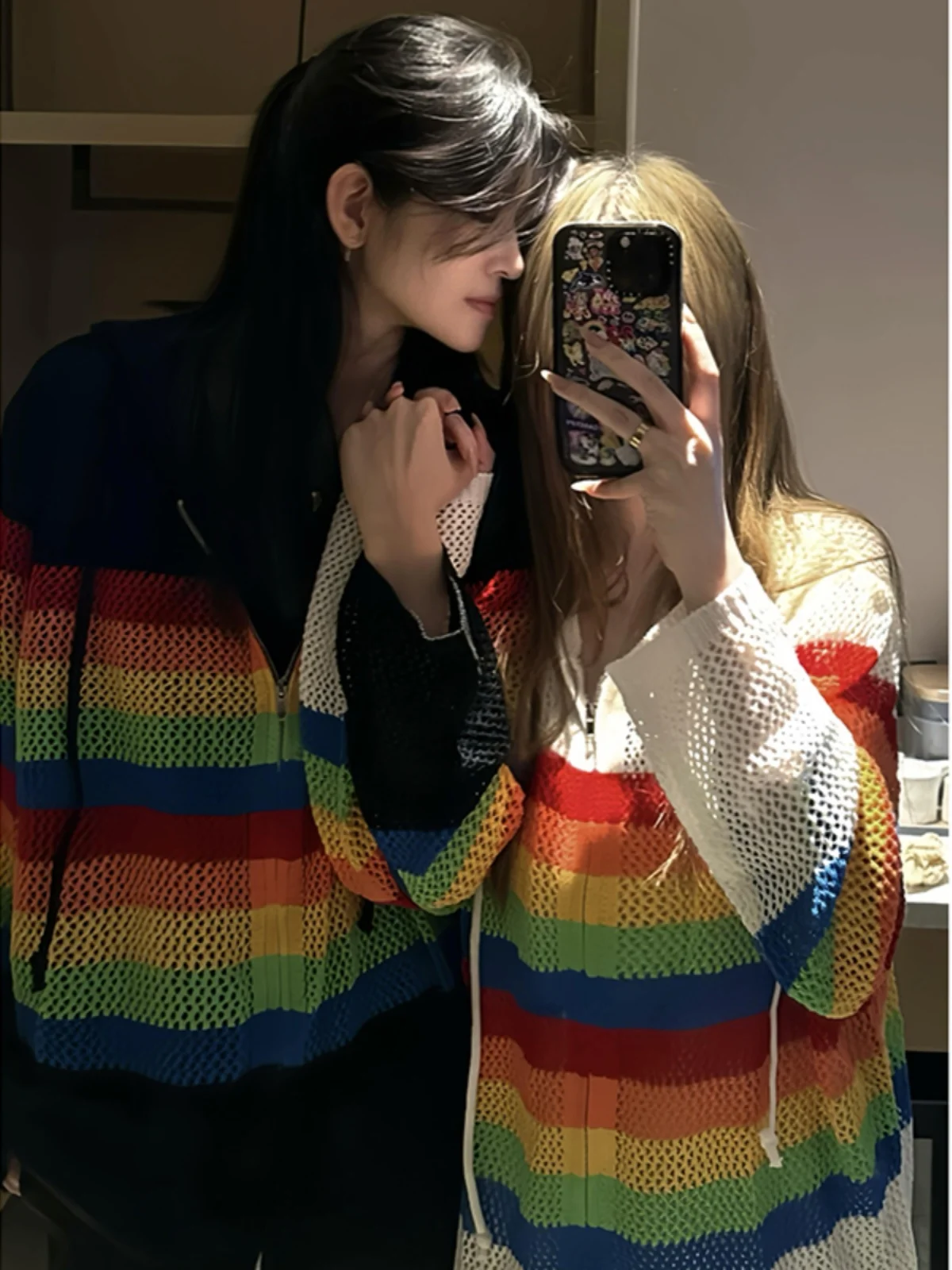 

Вязаный свитер с радужными полосками для мужчин, легкий весенний кардиган свободного кроя, повседневная одежда