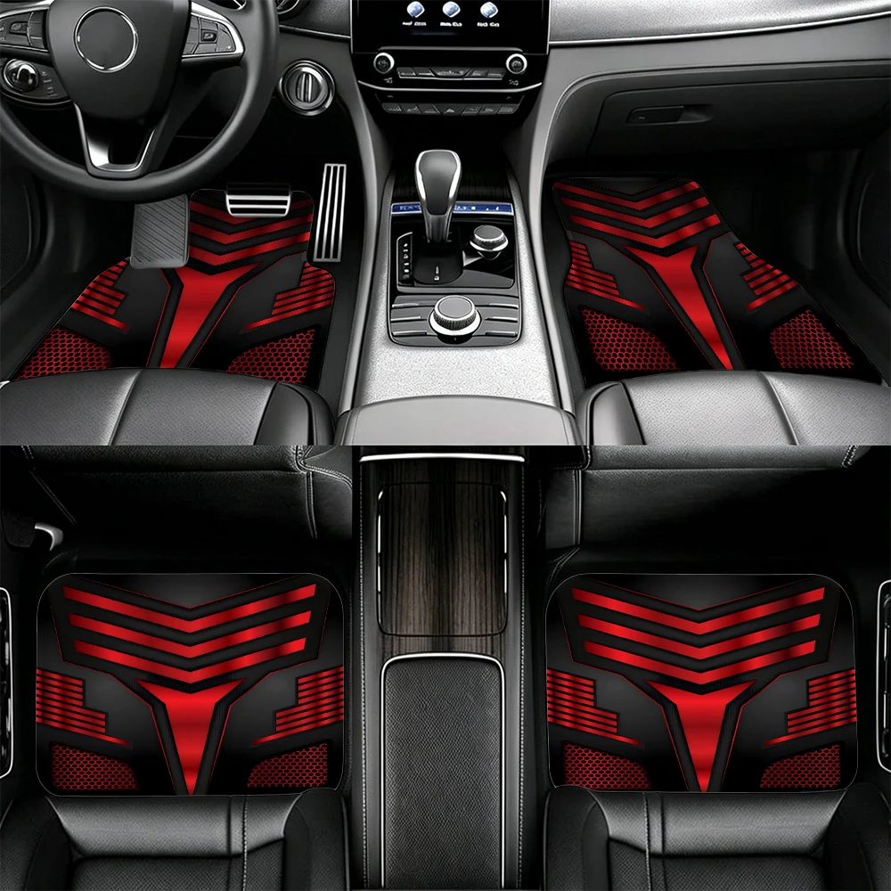 5pcs Mecha Style Red Black 3D Chevron Car Floor Mats Full Coverage Front Rear Trunk Anti Slip Auto Foot Mats Racing Vehicle I