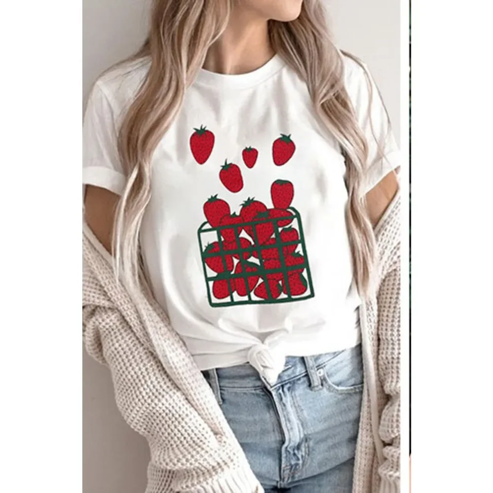 2025 Women Strawberry Cute Graphic COTTON T Shirts Fruit Shirts Strawberries Print Cottagecore Clothing Tshirt Garden Tee Tops