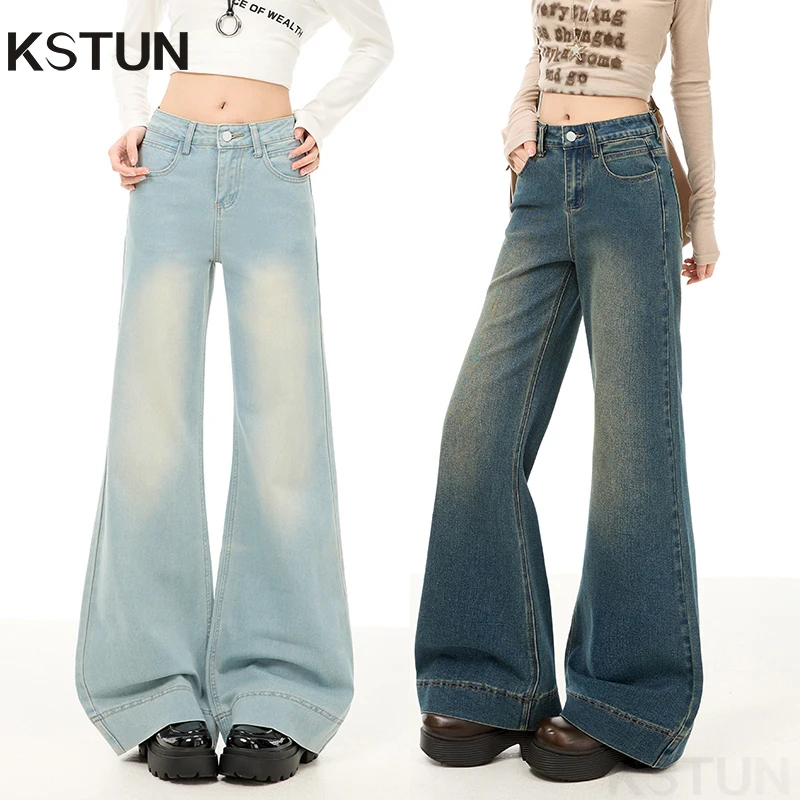 

KSTUN 2026 Light Blue High Waisted Women's Flared Jeans Stretch Denim Pants Vintage Female Wide-leg Jeans Bootcut Long Trousers