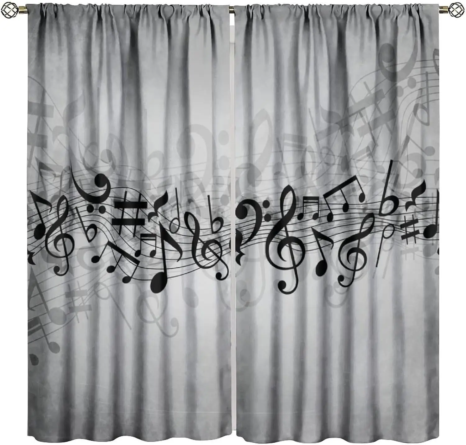 Grey Music Note Curtain 2 Panels Black Treble Clef Staff Print Soft Gray Base Musical Style Bedroom Art Home Decor Curtains