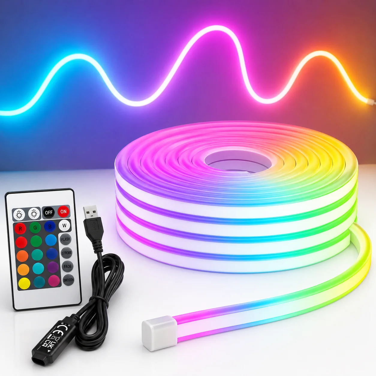 LTG-GEE RGB Neon LED Strip 1M-5M DIY USB Neon Strip 24Key Remote Control Flexible Ribbon for Home Decor Lighting