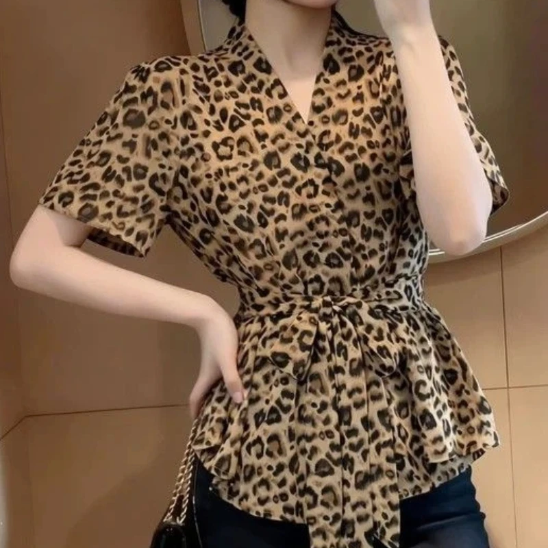 Leopard Printing Bandage Short Sleeve Elegant Blouse Women Clothing Summer Thin V Neck Temperament Shirt Tops Vintage Fashion