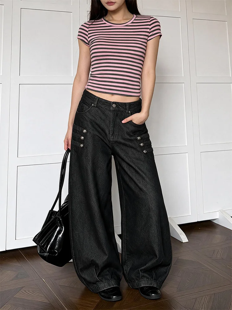 Large Size American Washed Retro Design Double Side Button Black Knife  Jeans Women Loose Casual Wide Leg Pants