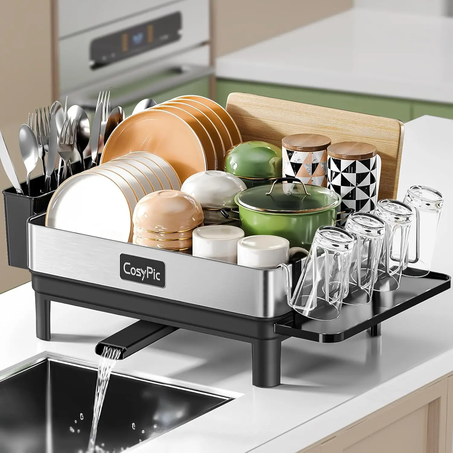 

Premium 304 Stainless Steel Dish Drying Rack with Automatic Drainage, Utensil Holder, and Cup Holder in Black